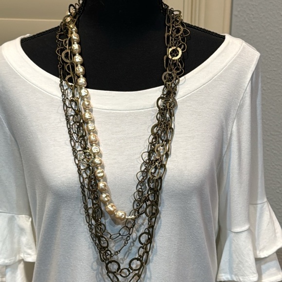 Long multi strand chain faux pearl statement necklace - Picture 1 of 8